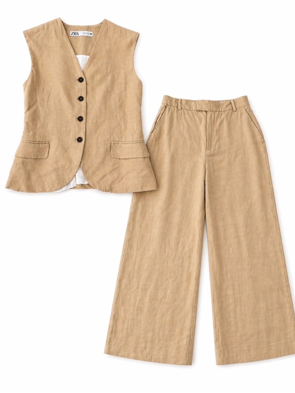 ZARA SET Beige Wide-Leg Linen Blend Pants AND Vest